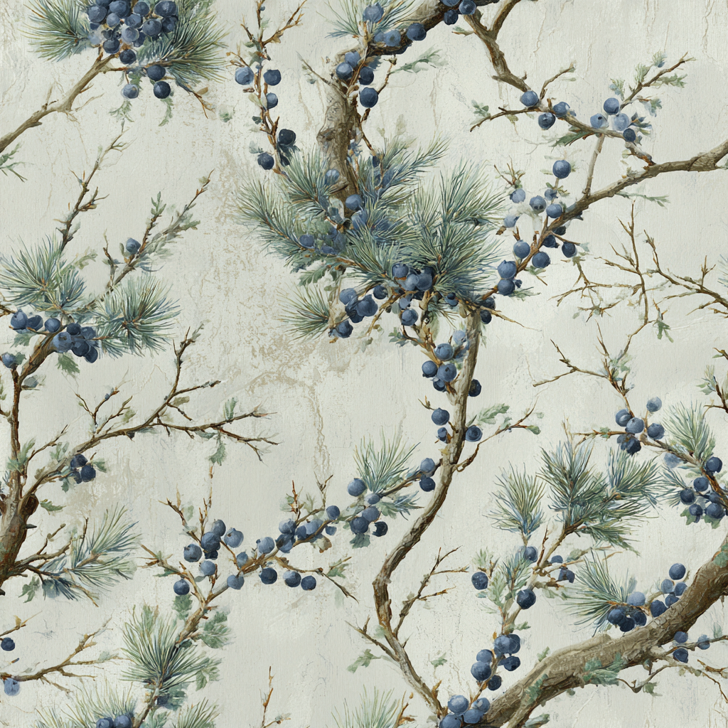 Botanical juniper branches wallpaper with blue berries, featuring a painted finish.