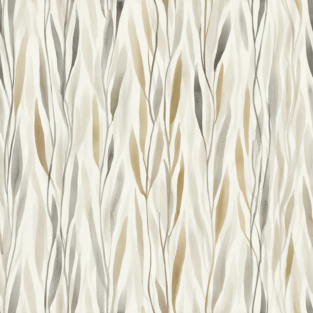 Botanical wallpaper with brown and gray leaves pattern, against a white textured background.