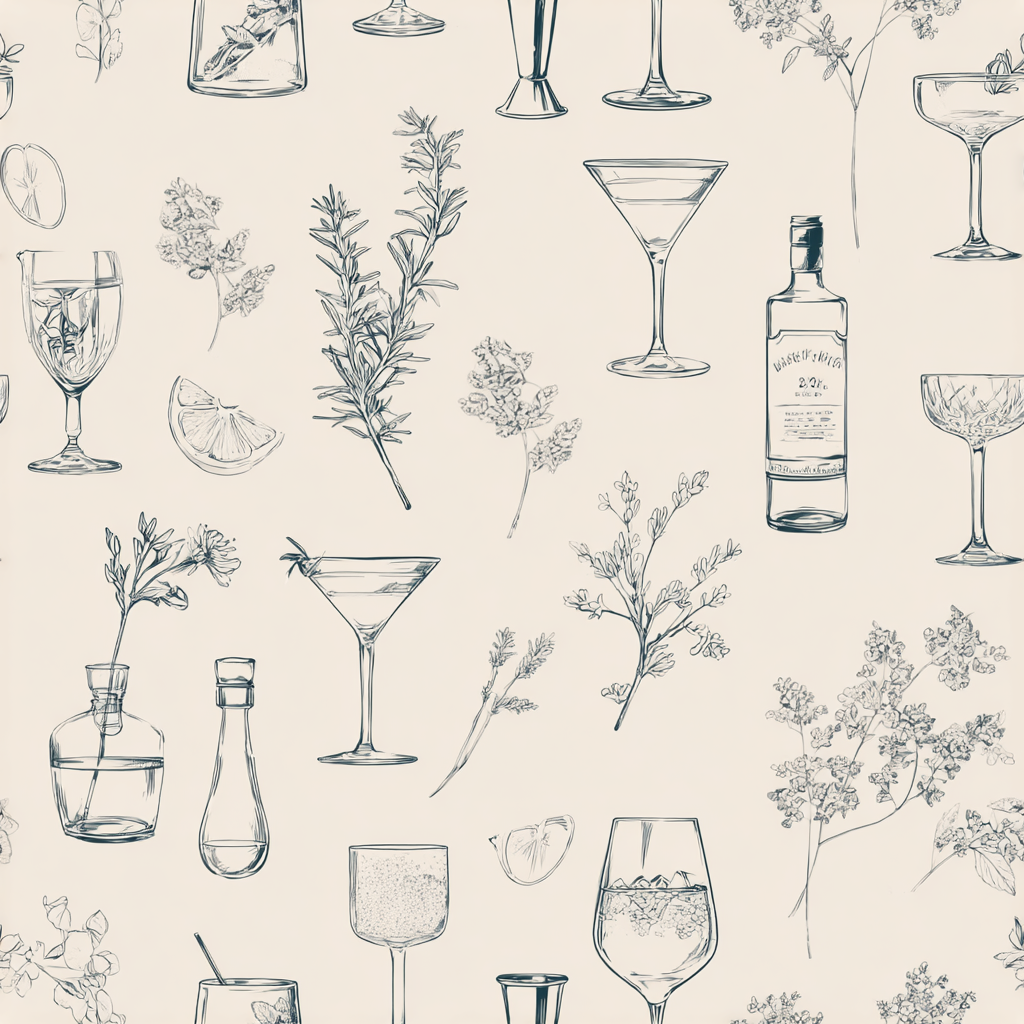 Tonic Sketches Wallpaper with drink and botanical pattern.