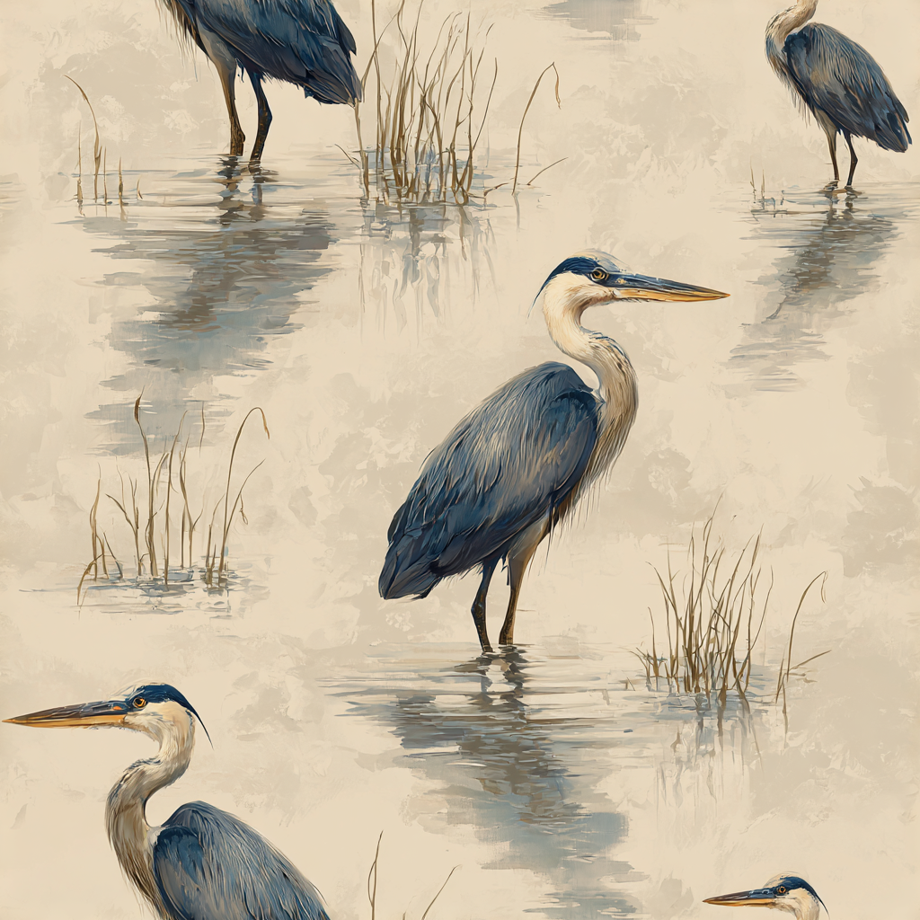 Blue heron pattern wallpaper with watery reflections.