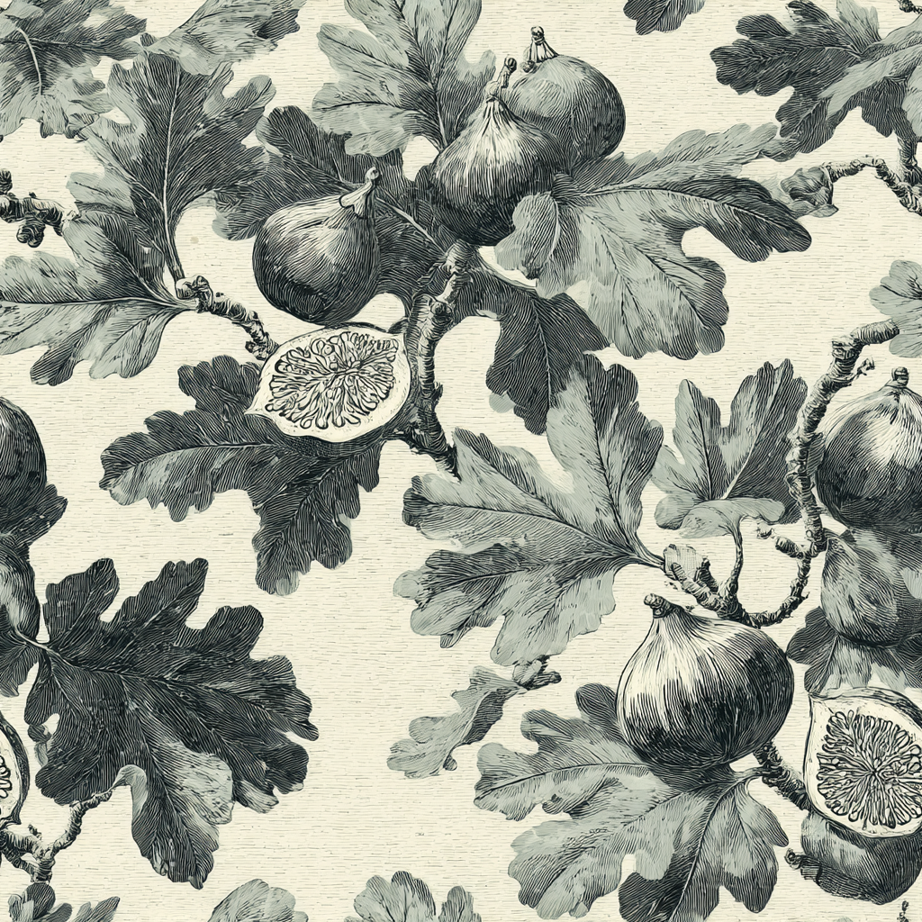 Botanical print wallpaper with fig fruit pattern on a cream-colored textured background.