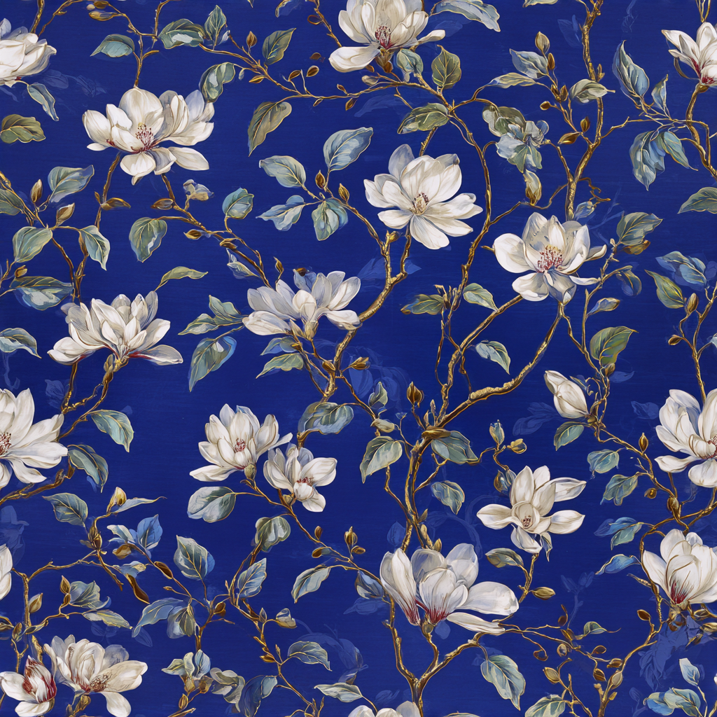 Floral wallpaper featuring white magnolia blooms and green leaves on a dark blue background.