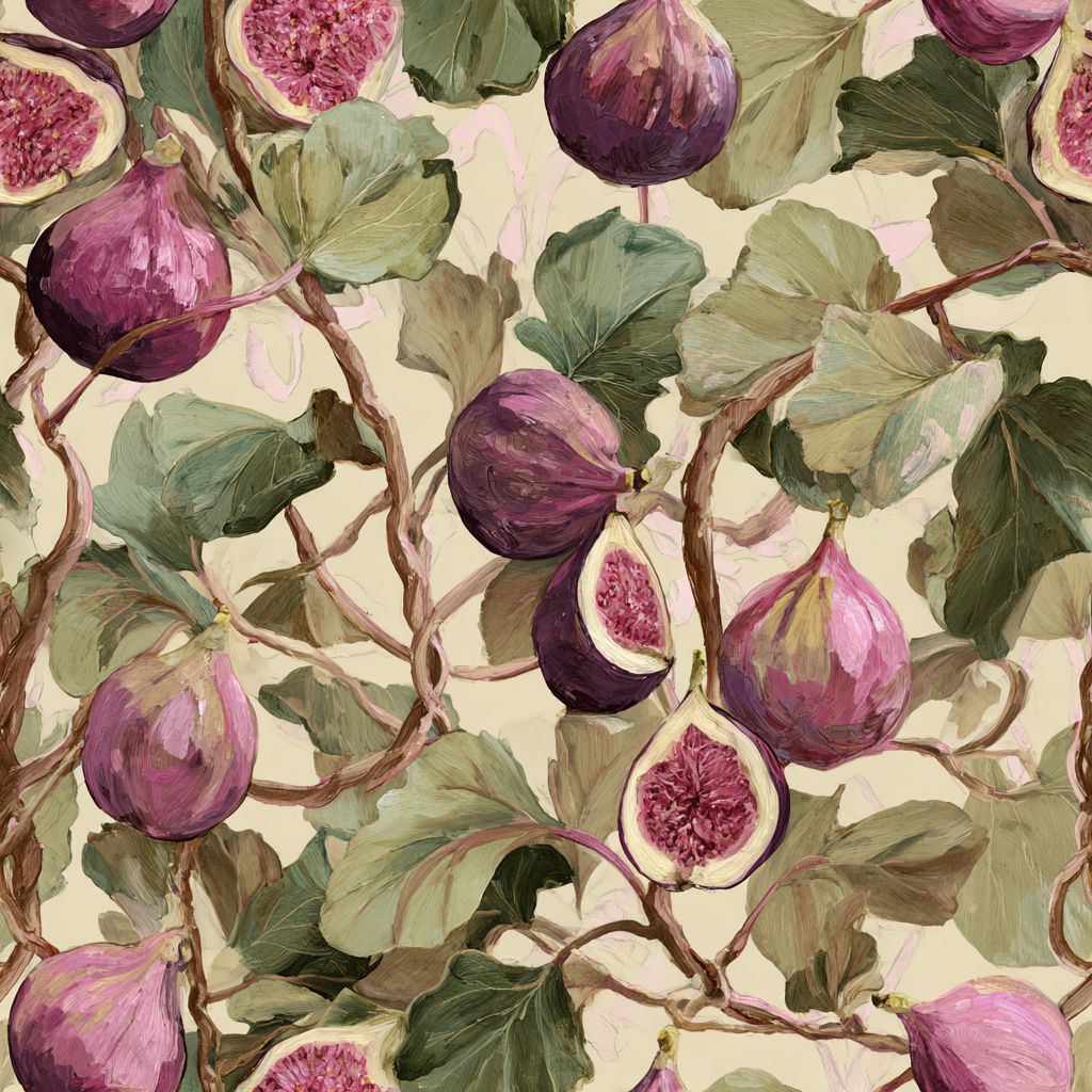Fig Reverie wallpaper with fig and leaf pattern on tan background.