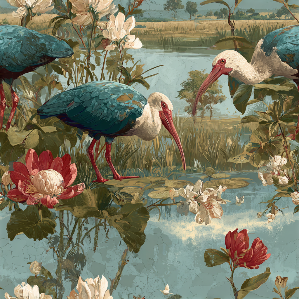 Lowcountry Reverie Wallpaper with birds and lotus flowers in a painterly style.