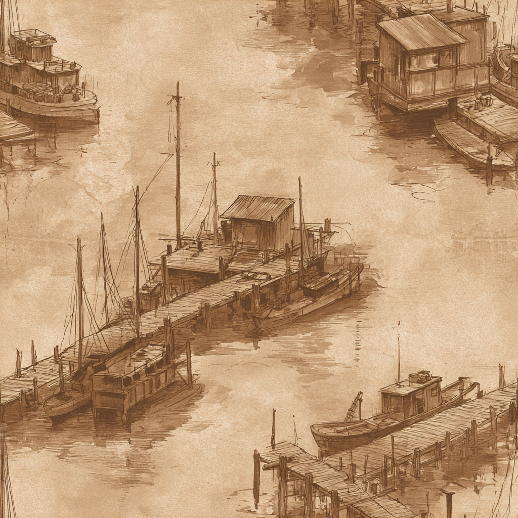 Harborline Sepia Wallpaper with boats, buildings, and docks in an aged, sepia-toned sketched pattern.