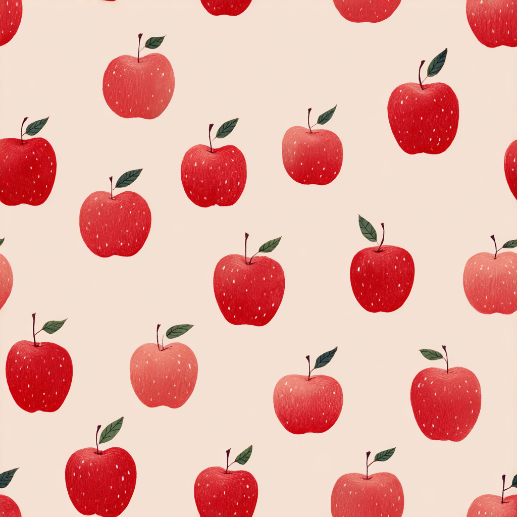 Red apple wallpaper with green leaves and white specks, in an orchard pattern.