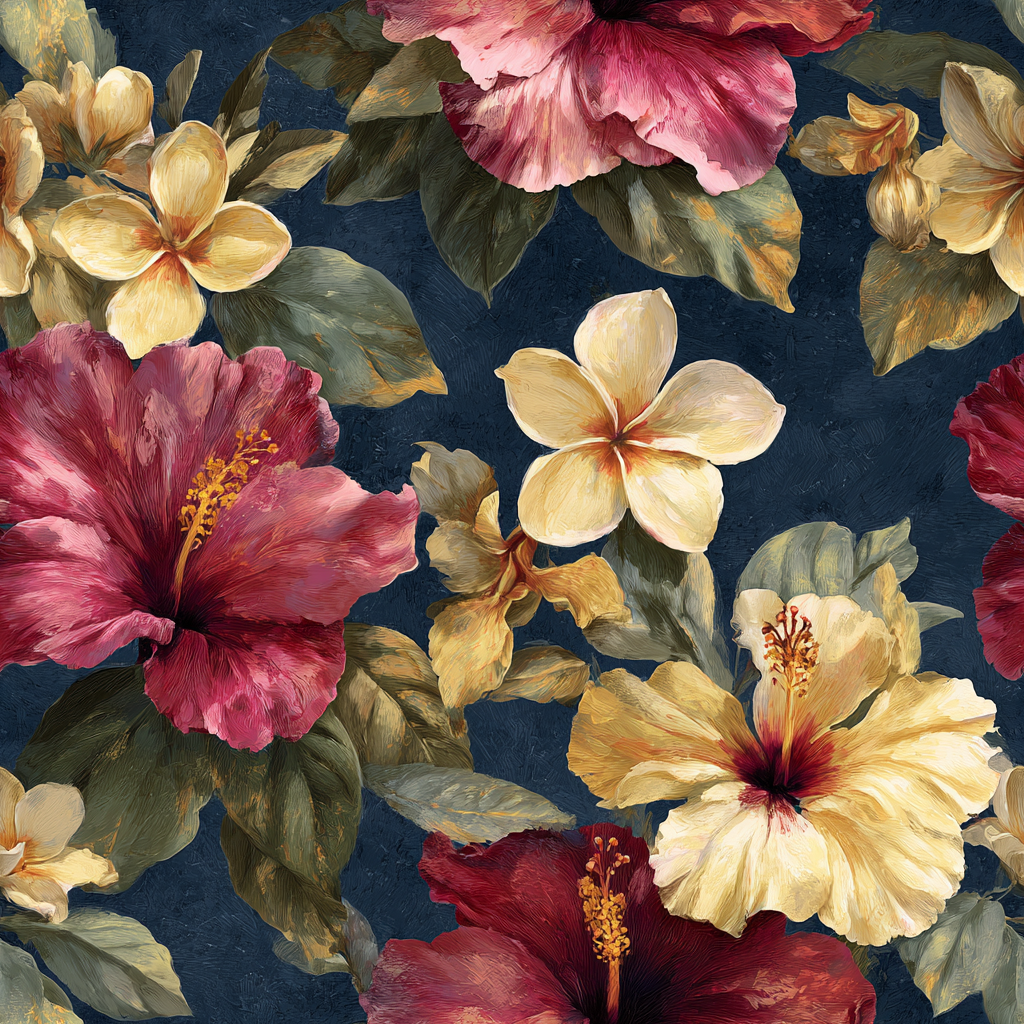 Floral wallpaper with yellow and red flowers, and green leaves on a dark blue background.