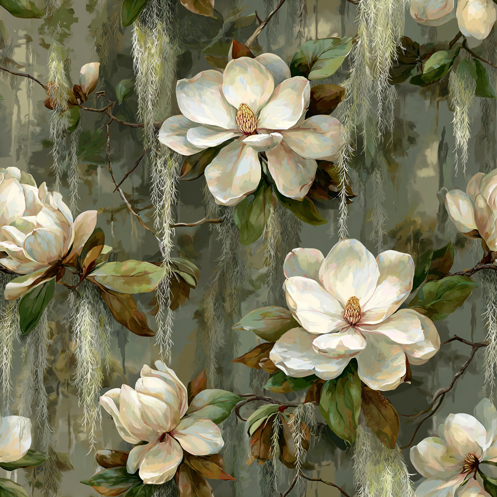 Floral wallpaper with magnolias in bloom and Spanish moss, on a green and gray backdrop.
