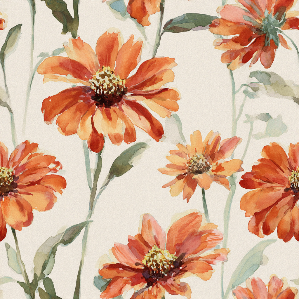 Sun-Kissed Tithonia Wallpaper with orange floral pattern, painted in watercolor style on a neutral background.
