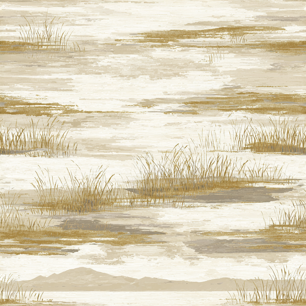 Neutral tone wallpaper with grass and marsh pattern detailing, featuring a mountain range in the distance.
