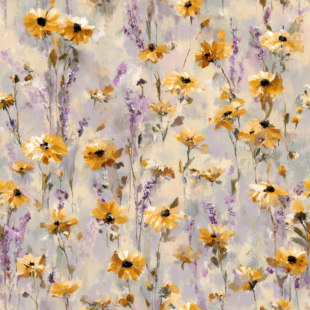 Floral wallpaper with a saffron and lavender pattern, with an expressive painterly style.
