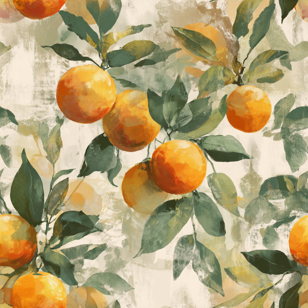 Botanical Golden Grove Wallpaper with orange fruit and green leaves pattern.