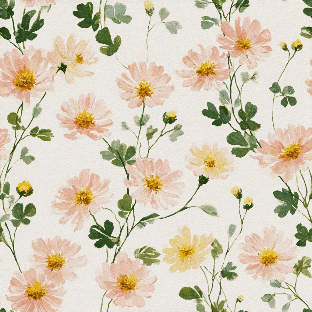 Floral wallpaper with light pink daisies by unknown vendor in a watercolor style pattern.