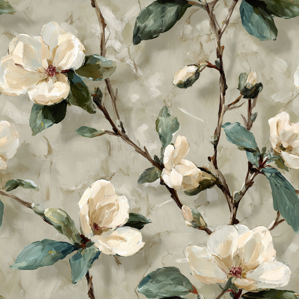 Floral wallpaper with white magnolia blossoms by Brewster, featuring green leaves and neutral painted background.