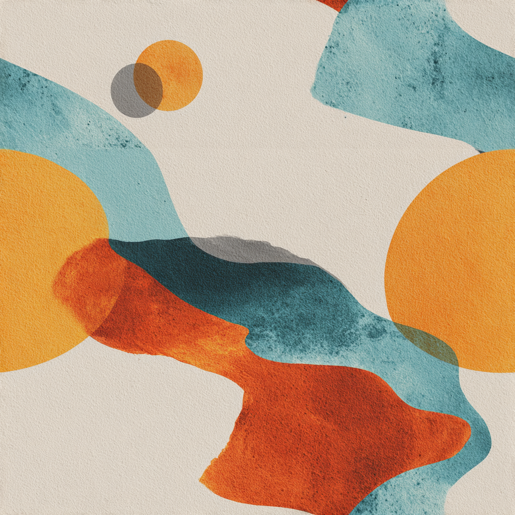 Abstract patterned wallpaper with teal, orange, and gray shapes.