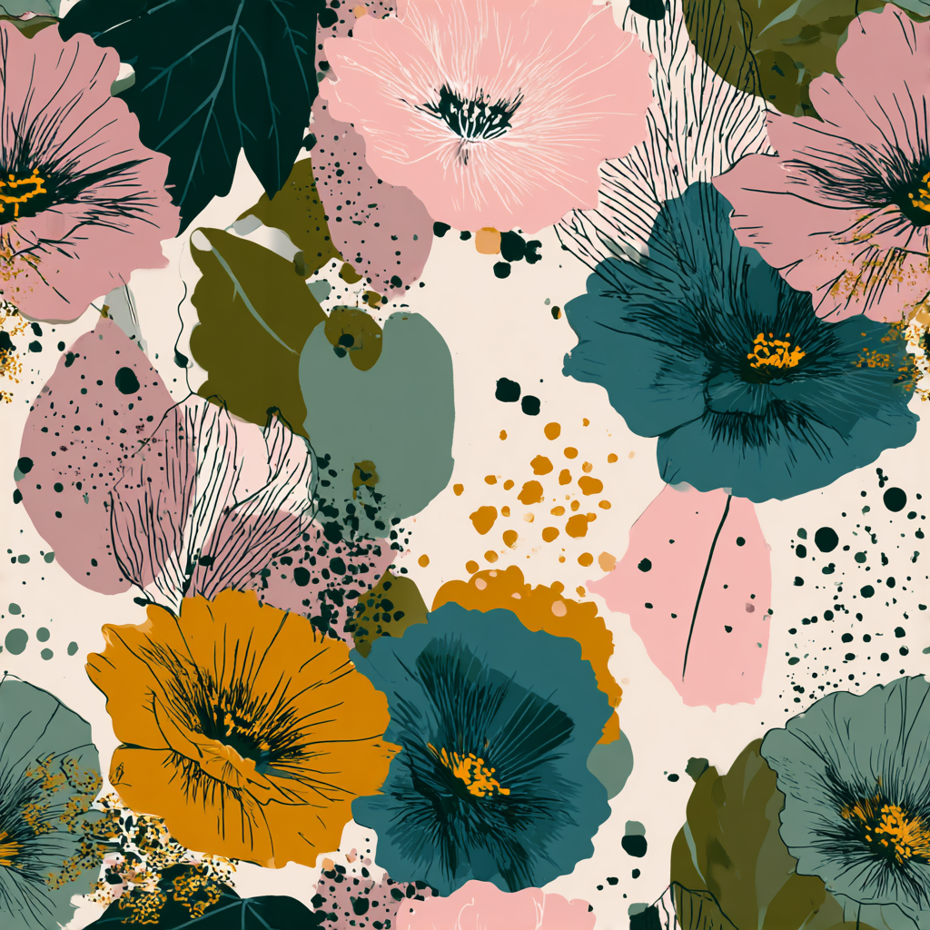 Floral Painter’s Assembly Wallpaper with various shapes and shades of pink, blue, yellow and green.