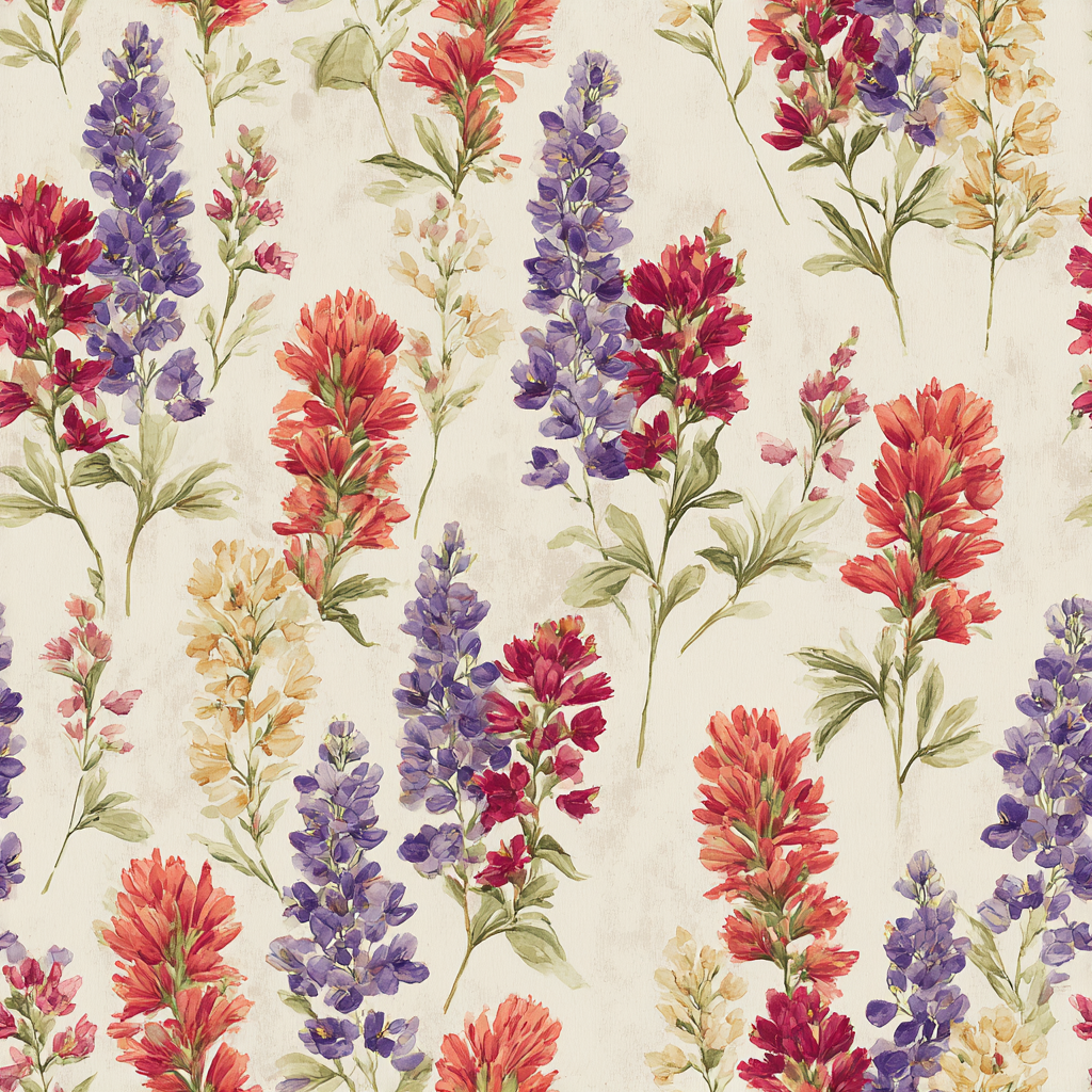 Floral Montana Meadow wallpaper with orange, purple, and cream wildflowers.
