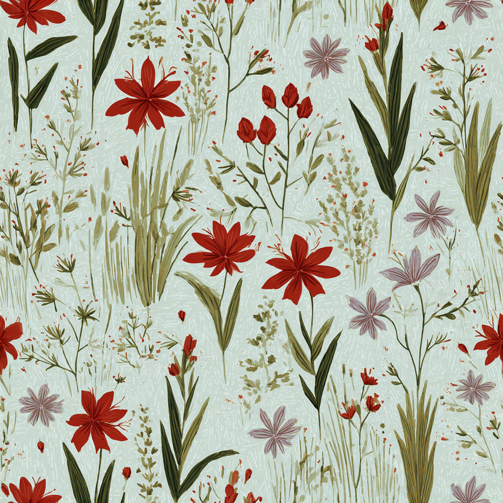 Botanical wallpaper with red and lavender flowers, from Bayou Botanica, with green leaves and grass-like accents on a light blue background.