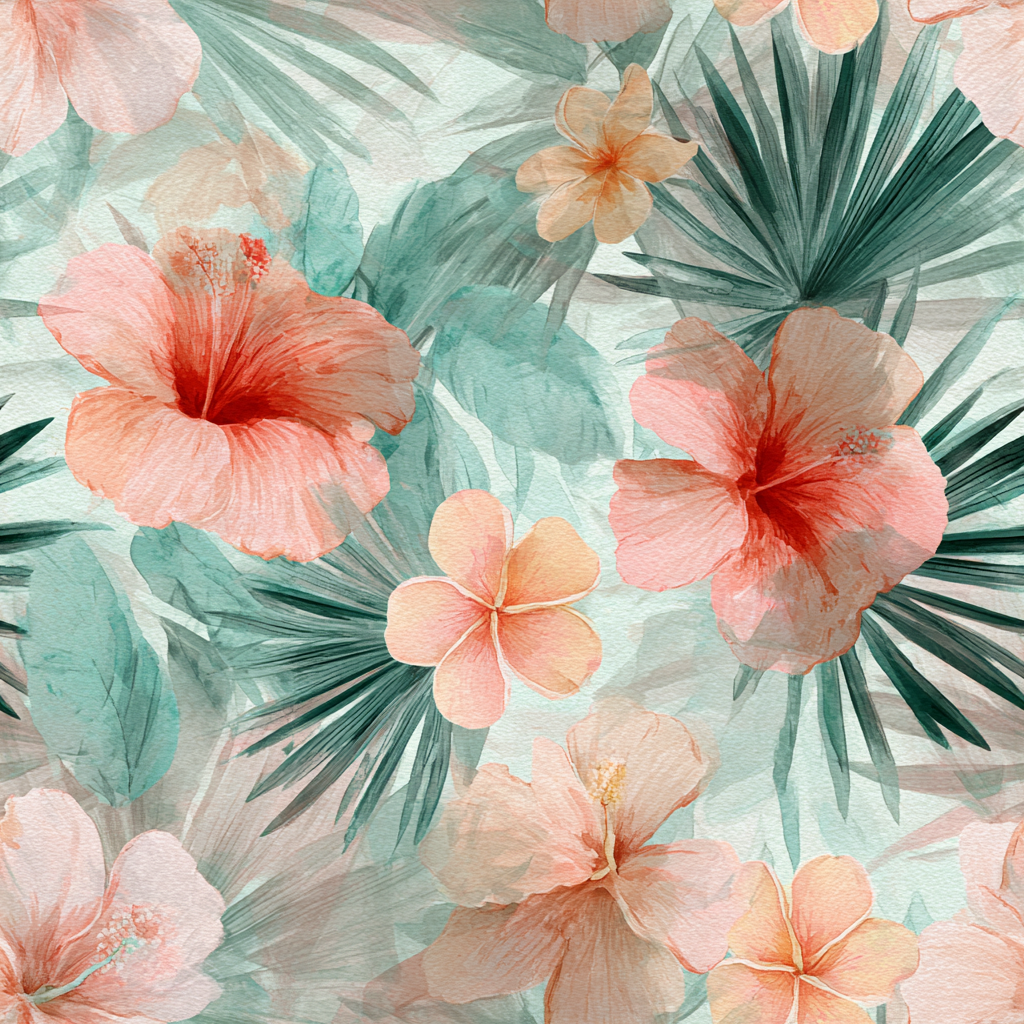 Floral wallpaper with peach, orange, and teal watercolor hibiscus and palm leaf pattern.