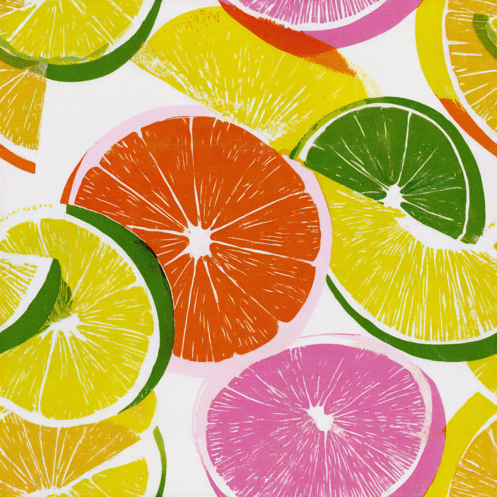 Colorful wallpaper with citrus fruit pattern.