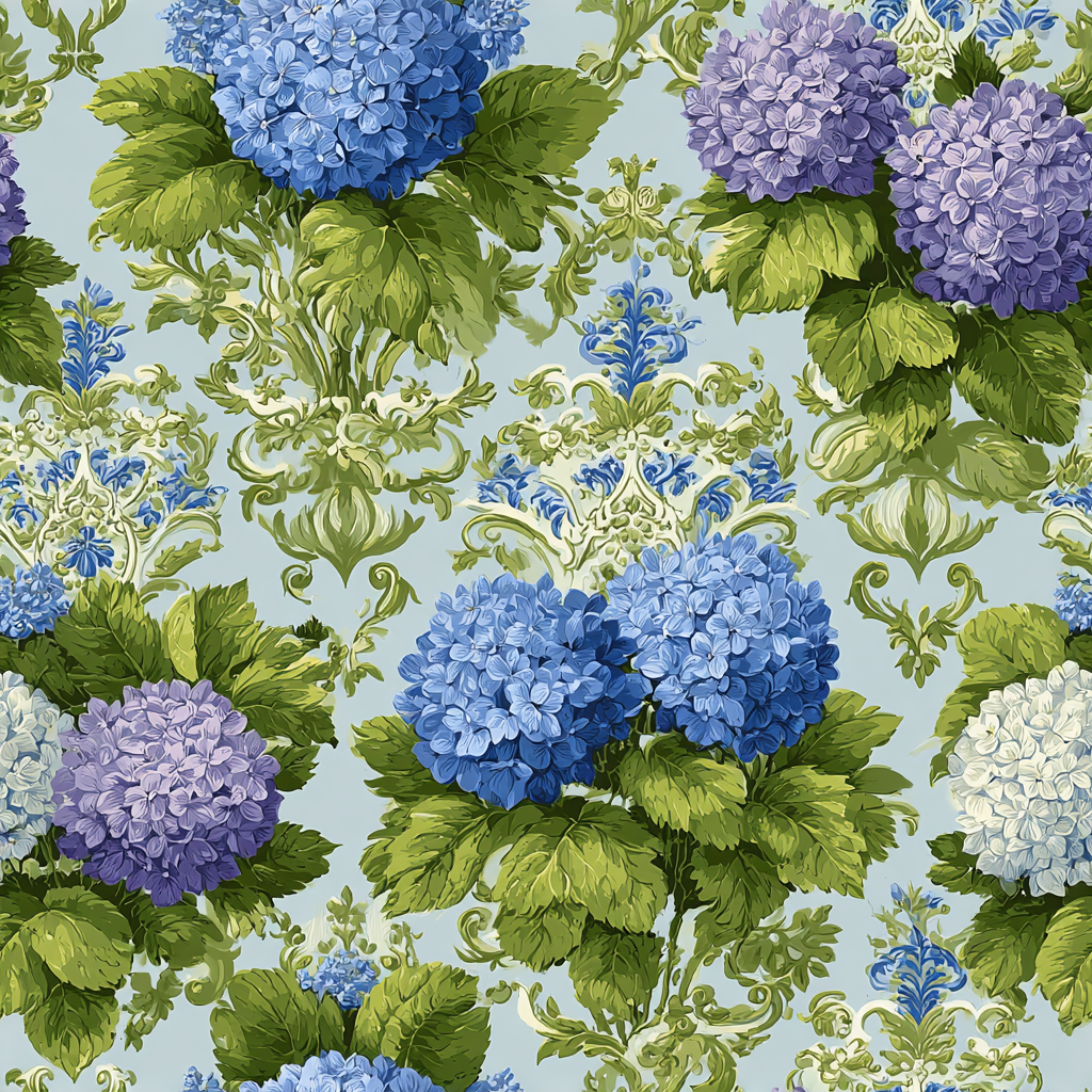 Floral hydrangea wallpaper with blue and purple blossoms, intricate damask details.