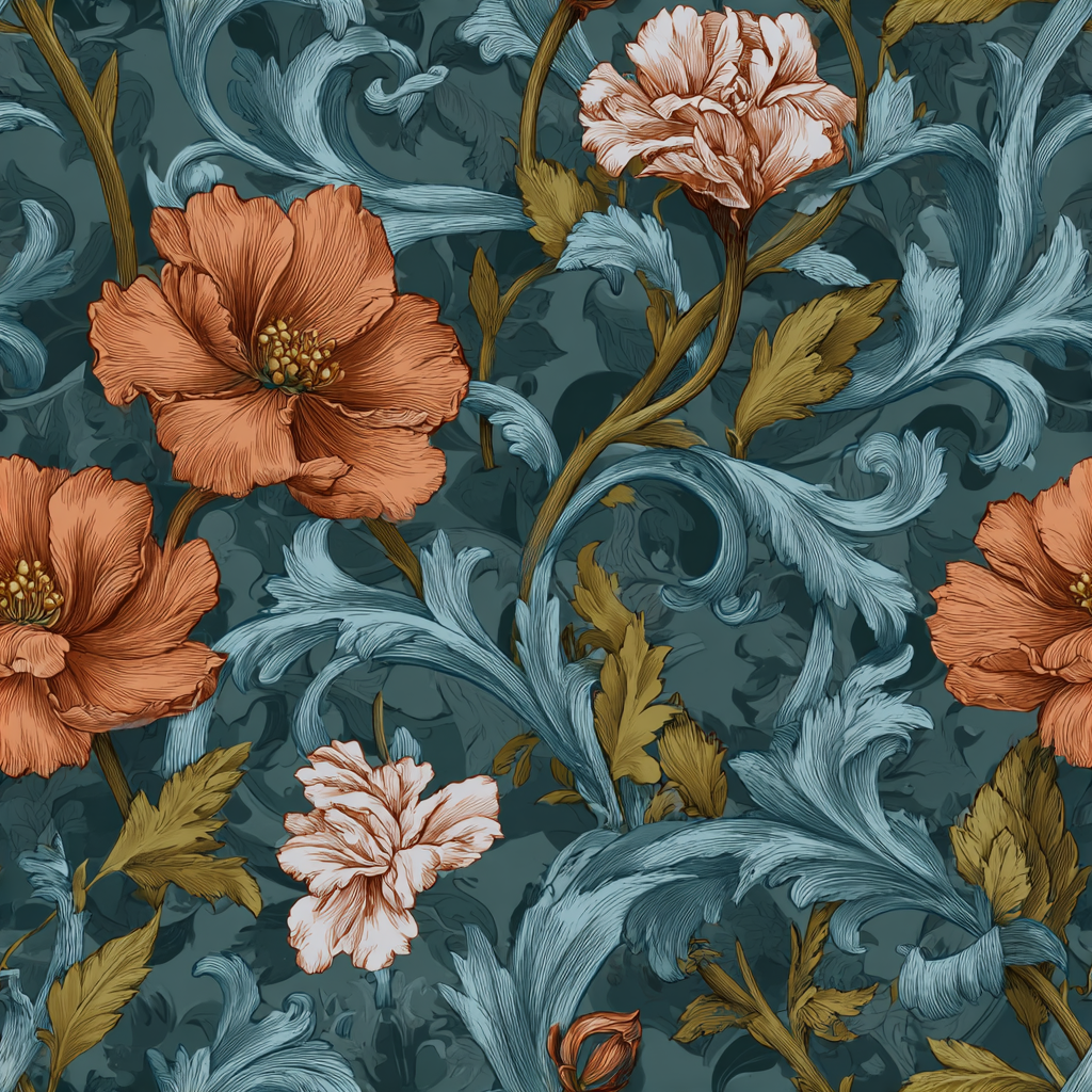 Floral baroque wallpaper with blooming flowers and curling foliage on a teal backdrop.