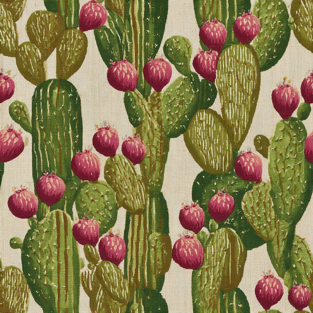 Nopal Rhapsody Wallpaper with cactus and fruit pattern on textured background.