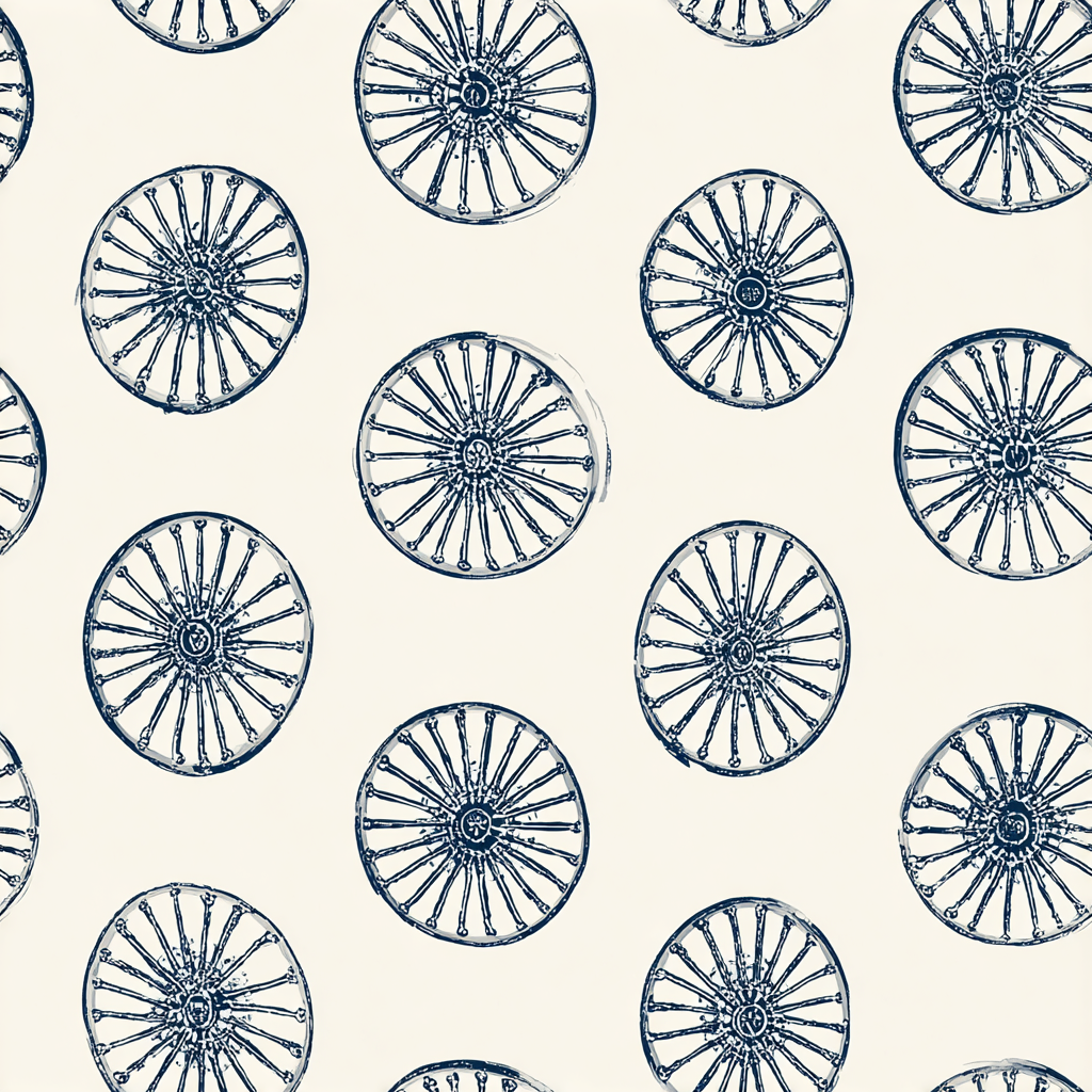 Carriage house wallpaper with wheel pattern texture.