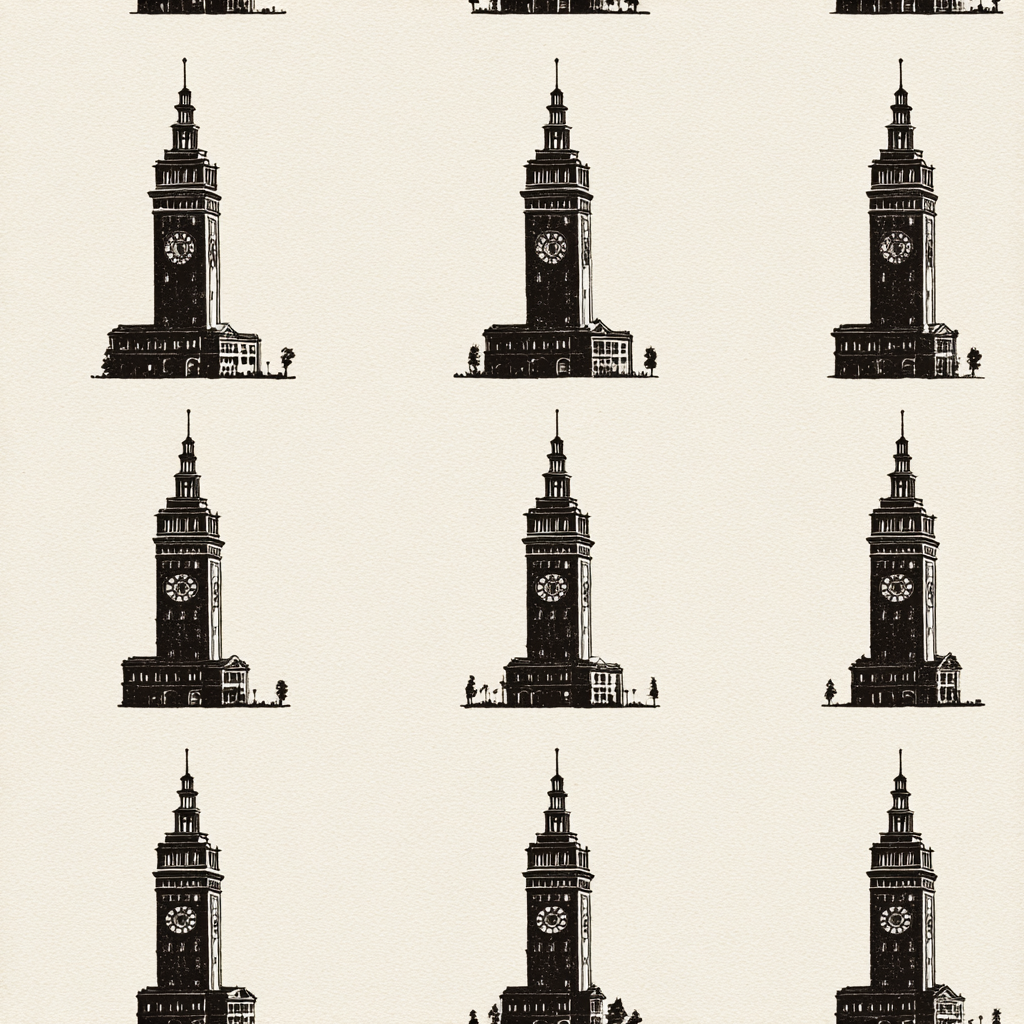 Repeating horologe row wallpaper with black clock towers on a light beige background.