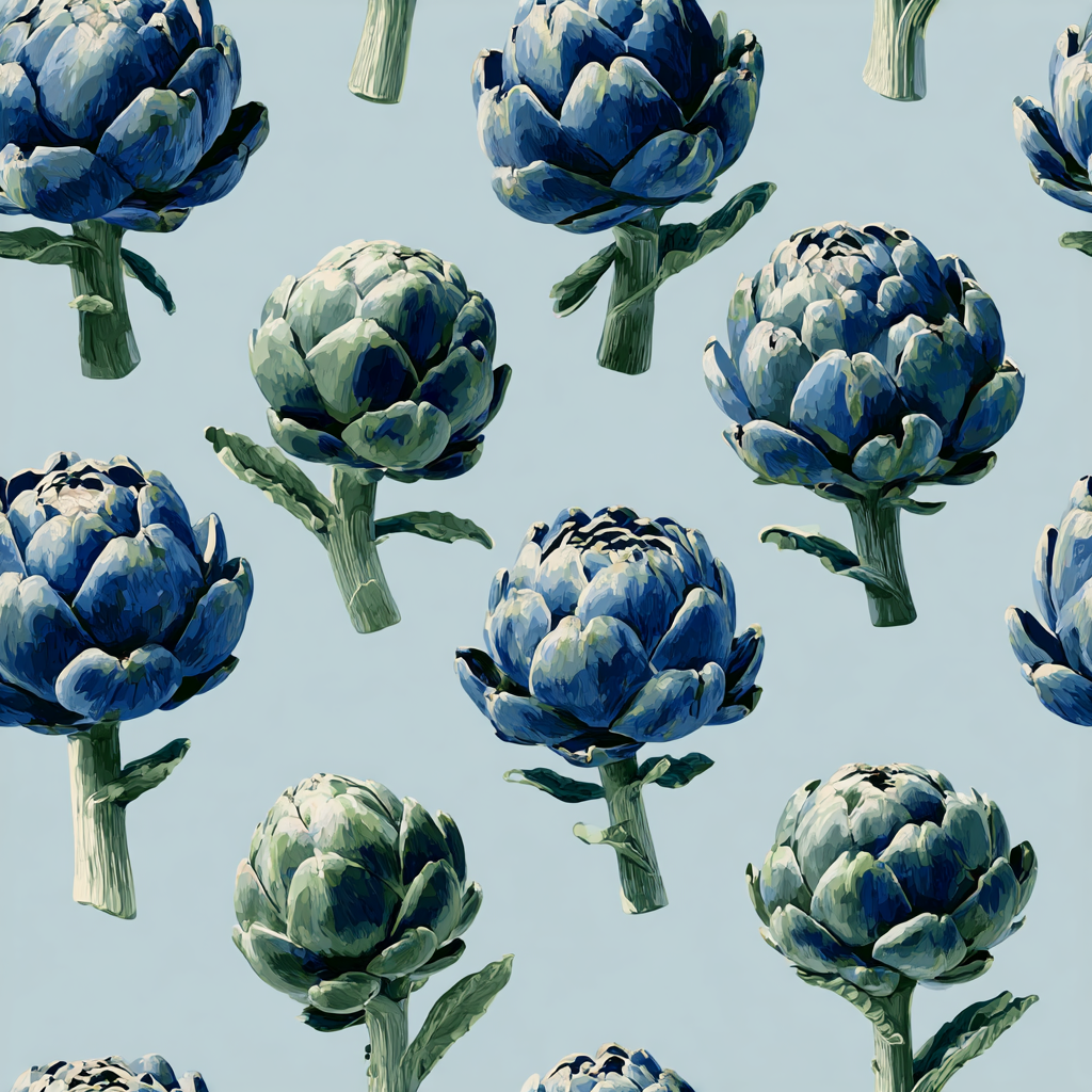 Repeating blue and green artichoke wallpaper with a painted effect.