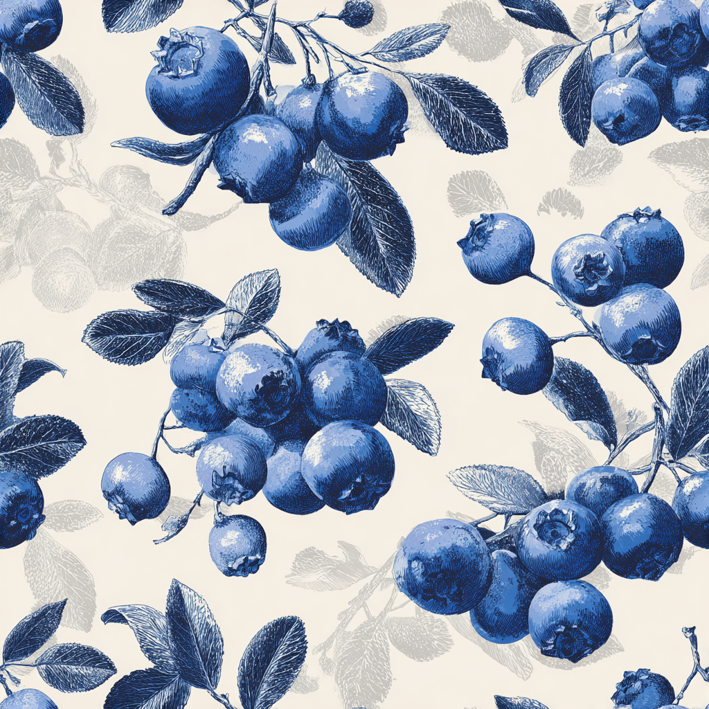 Indigo Glade wallpaper with botanical blueberry pattern.
