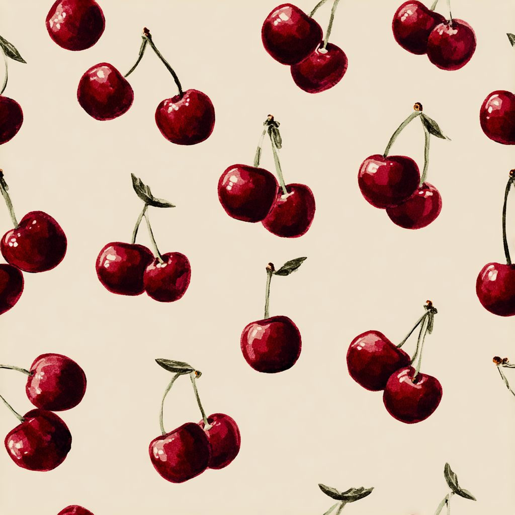 Cherry-patterned wallpaper with dark red fruit from Cerise, featuring leafy green stems on a light beige background.