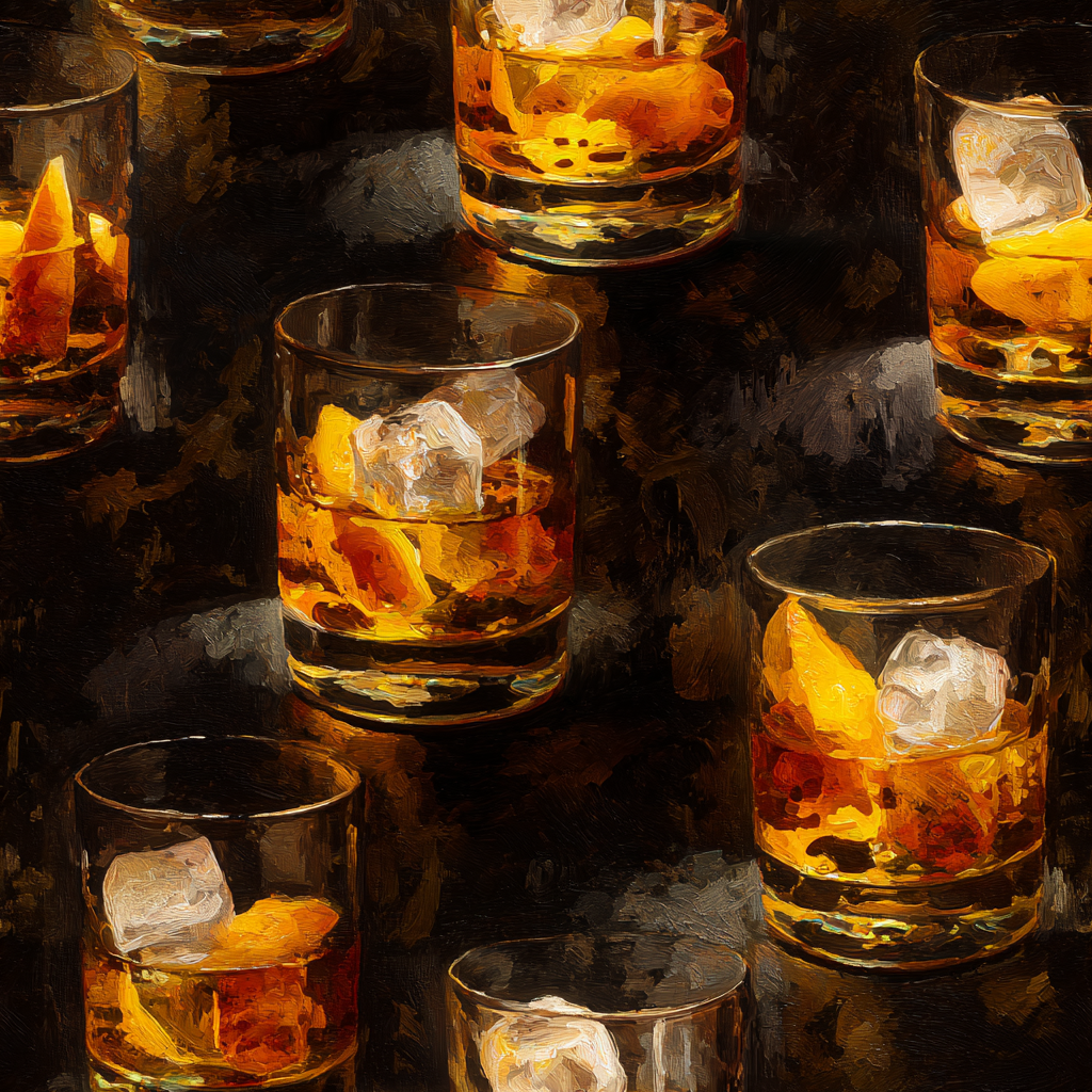 Neat wallpaper with whiskey and ice pattern against a dark textured background.