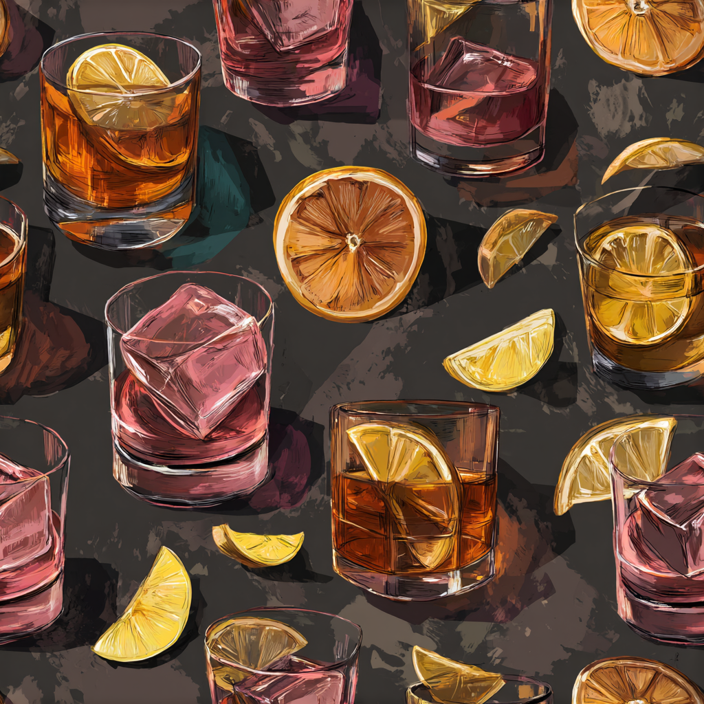 Citrus Nocturne wallpaper with lemon slices and drink glass pattern on dark textured background.