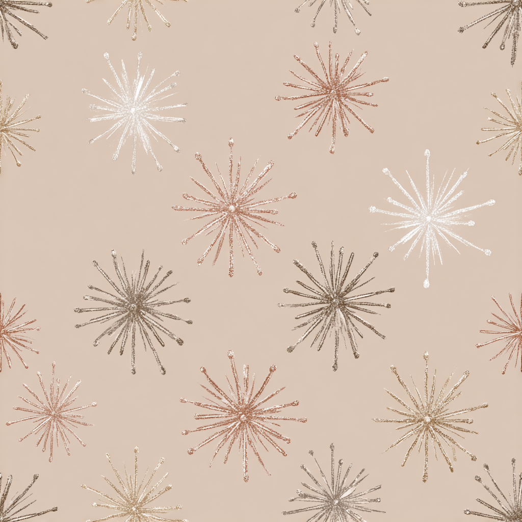 Beige wallpaper with gold, silver, and copper stardust burst pattern.