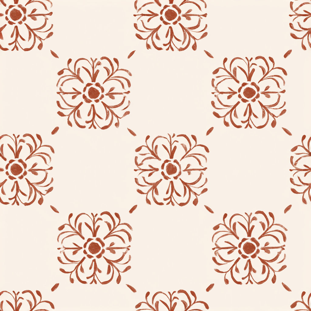 Copper rosette field wallpaper with a hand-painted floral pattern.