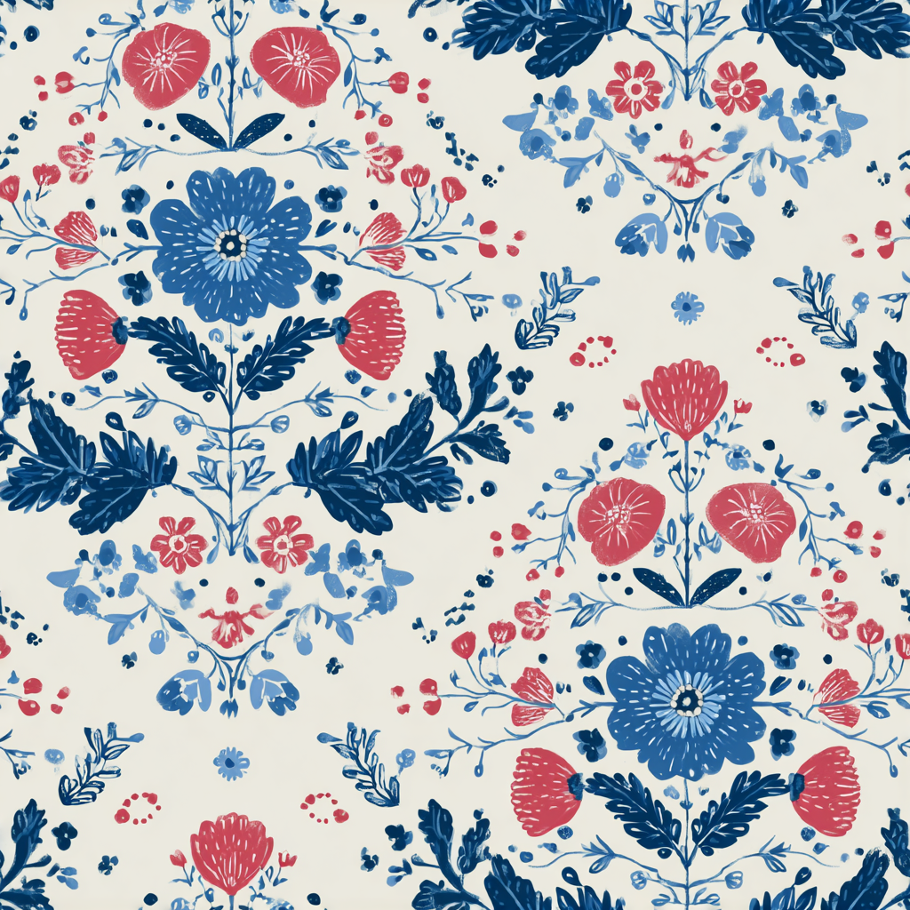 Folk & Fire Wallpaper with blue and red floral pattern.