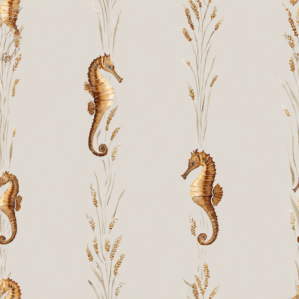 Patterned wallpaper with seahorses by Anchored Tides, accented with botanical illustrations on a light neutral background.