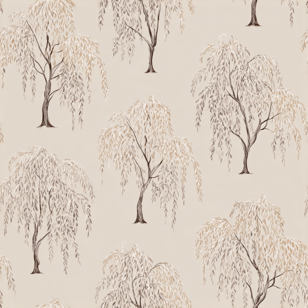 Beige Silhouette Willowmere wallpaper with weeping willow tree pattern.