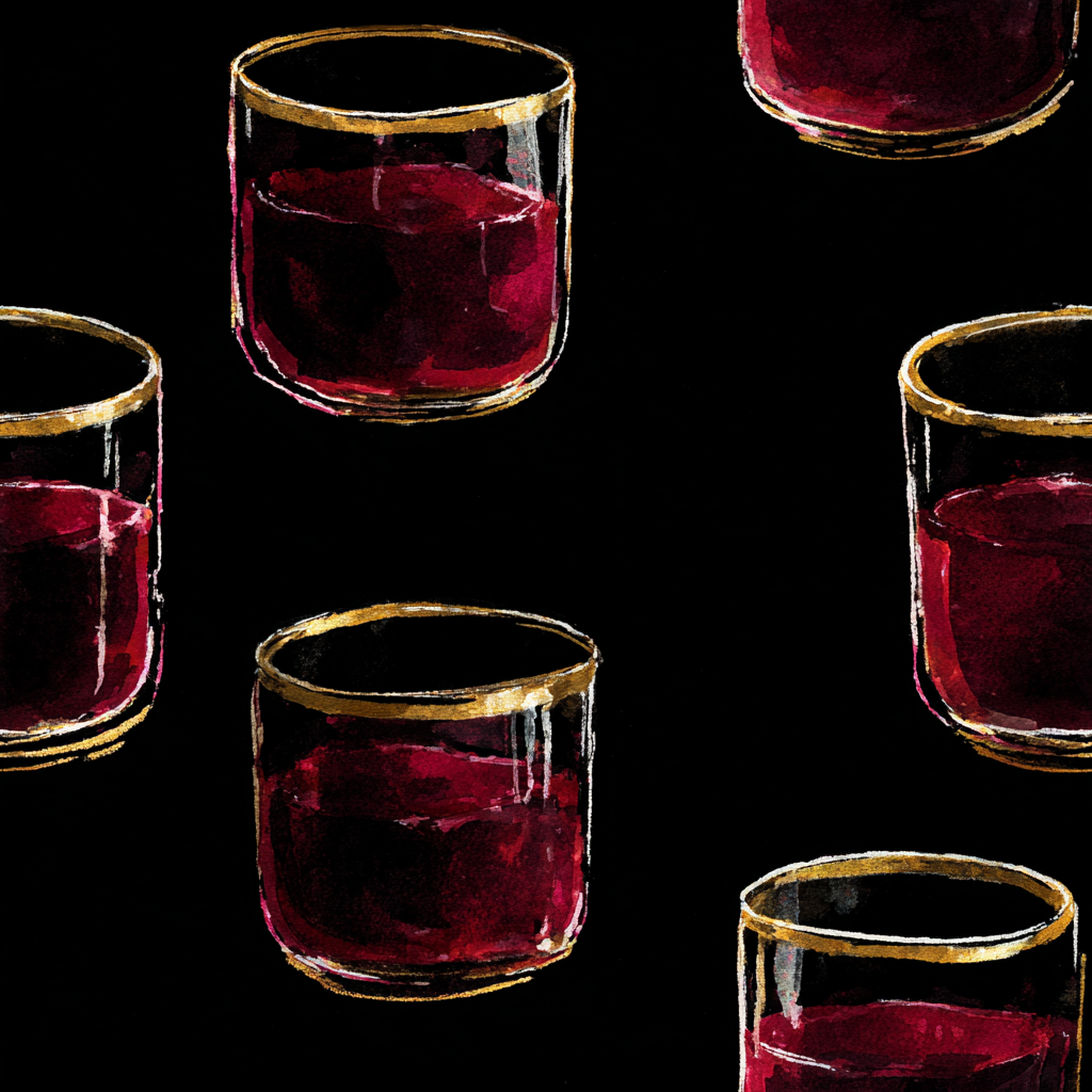 Crimson Reserve wallpaper with repeated cocktail glass pattern against a black background.