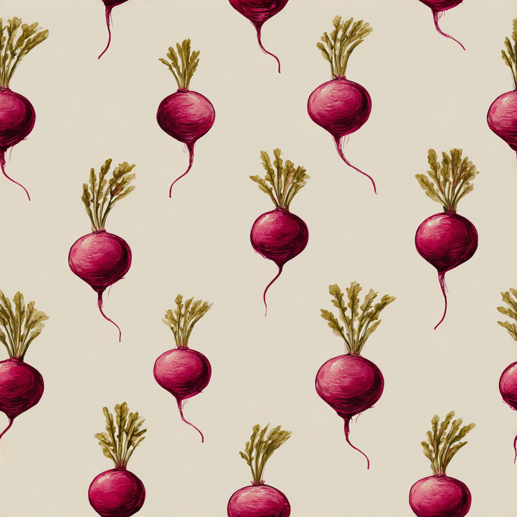 Roux Rouge wallpaper with a repeated radish pattern and watercolor texture.