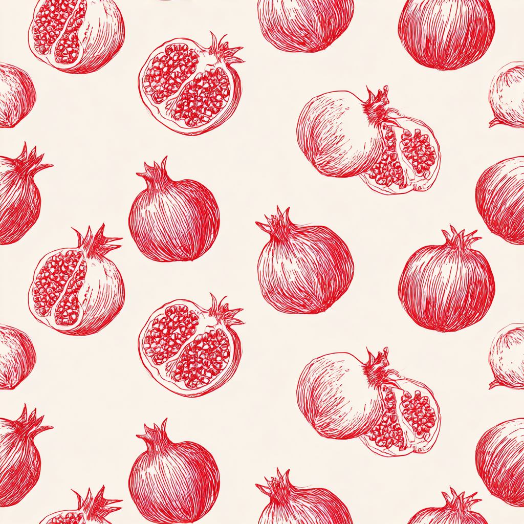 Pomegranate wallpaper with hand-drawn sketch pattern in red on a cream background.