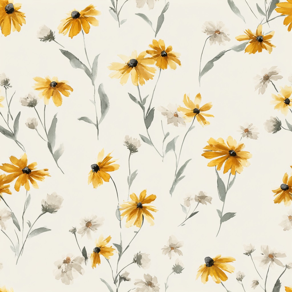 Sunpatch Dancers wallpaper with floral pattern, featuring yellow and white daisies on a light background.