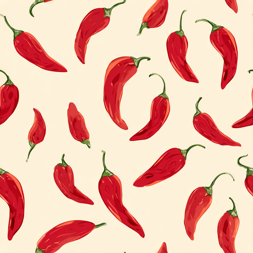 Capsaicin wallpaper with a repeating red chili pepper pattern on a beige background.