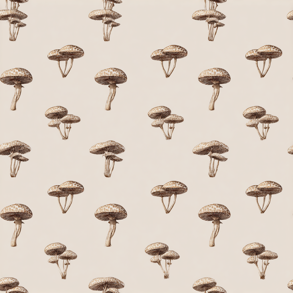 Mushroom wallpaper with an all-over pattern of morel fungi illustrations in earthy tones.