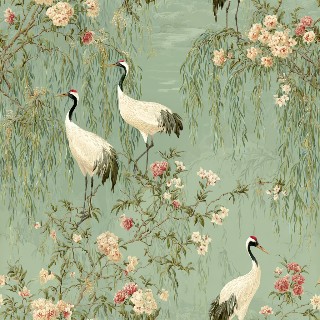 Scenic wallpaper depicting white cranes amongst flowers and willow branches, set against a light green backdrop.