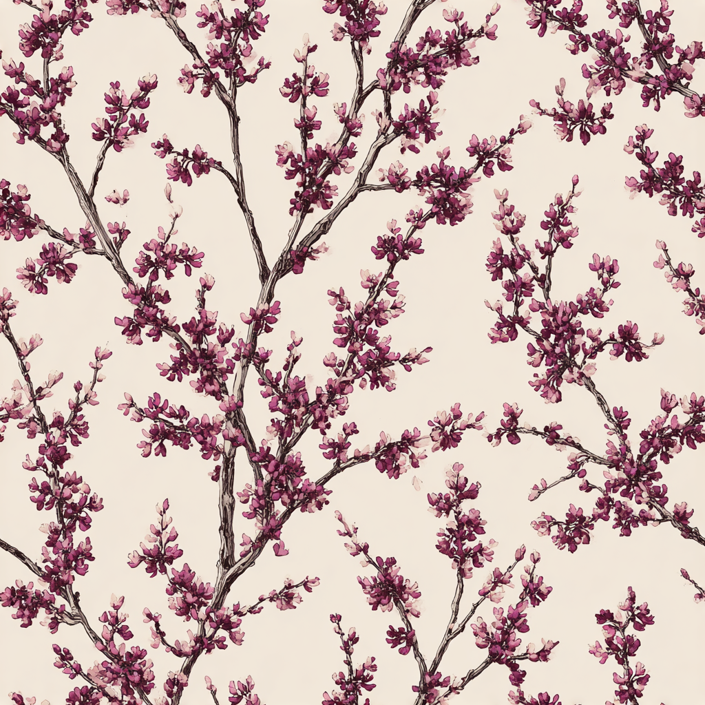 Floral wallpaper featuring a crimson canopy pattern with blossoming tree branches.