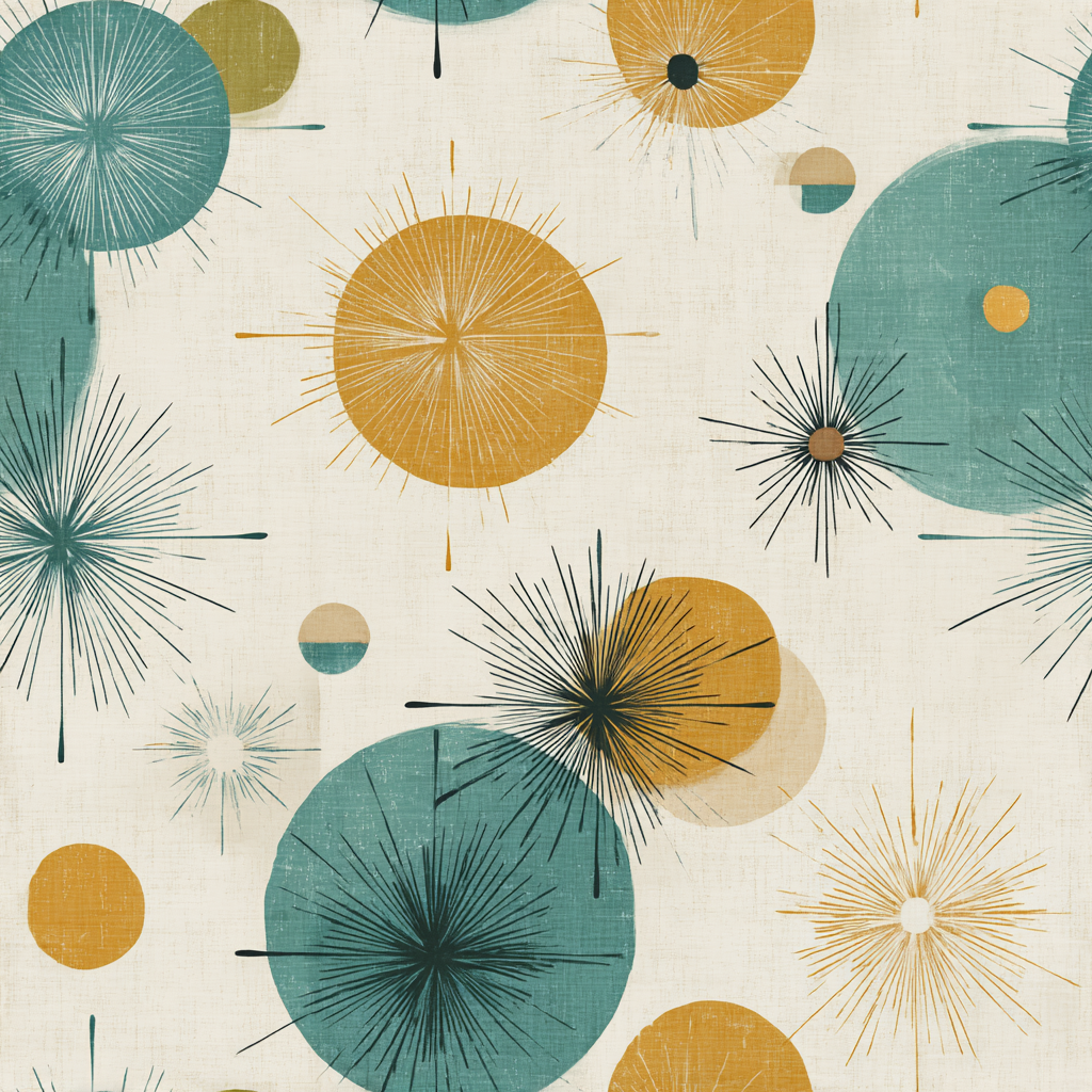 Geometric Orbitline wallpaper with mid-century modern burst pattern.