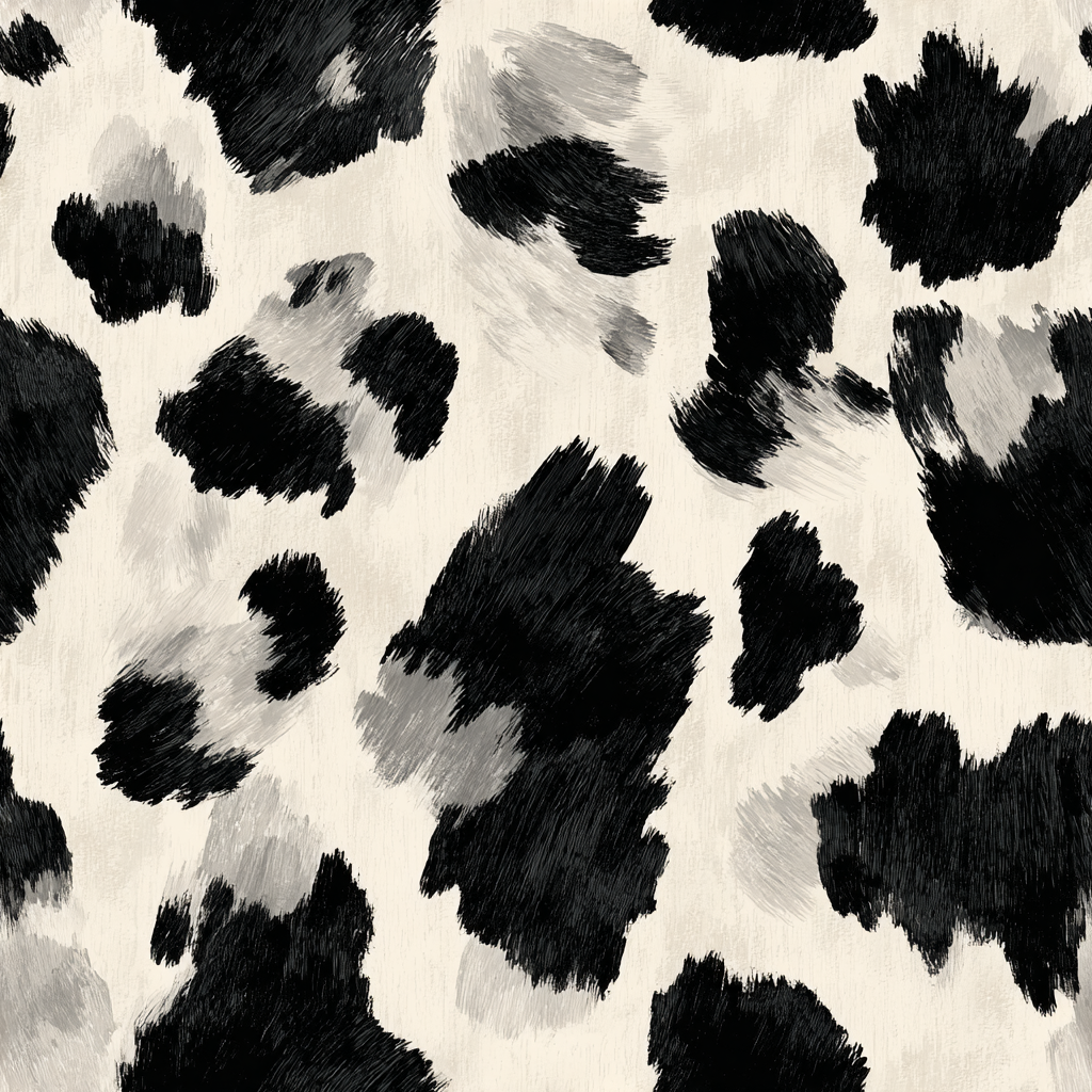 Cow print wallpaper with black and grey spots on off-white background.