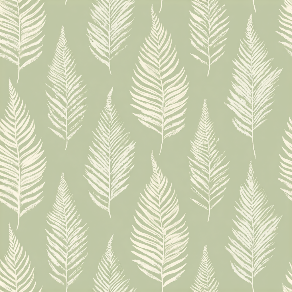 Fern repeat wallpaper with leaf pattern on light green background.